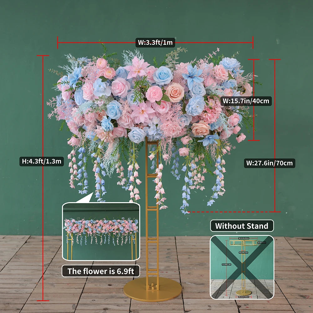 Pink Blue Artificial Rose Peony Hanging Flower Arrangement centerpiece with stand