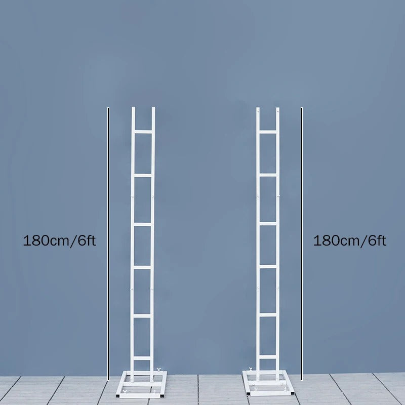 Two white ladders of equal height on a gray background with measurements indicated.