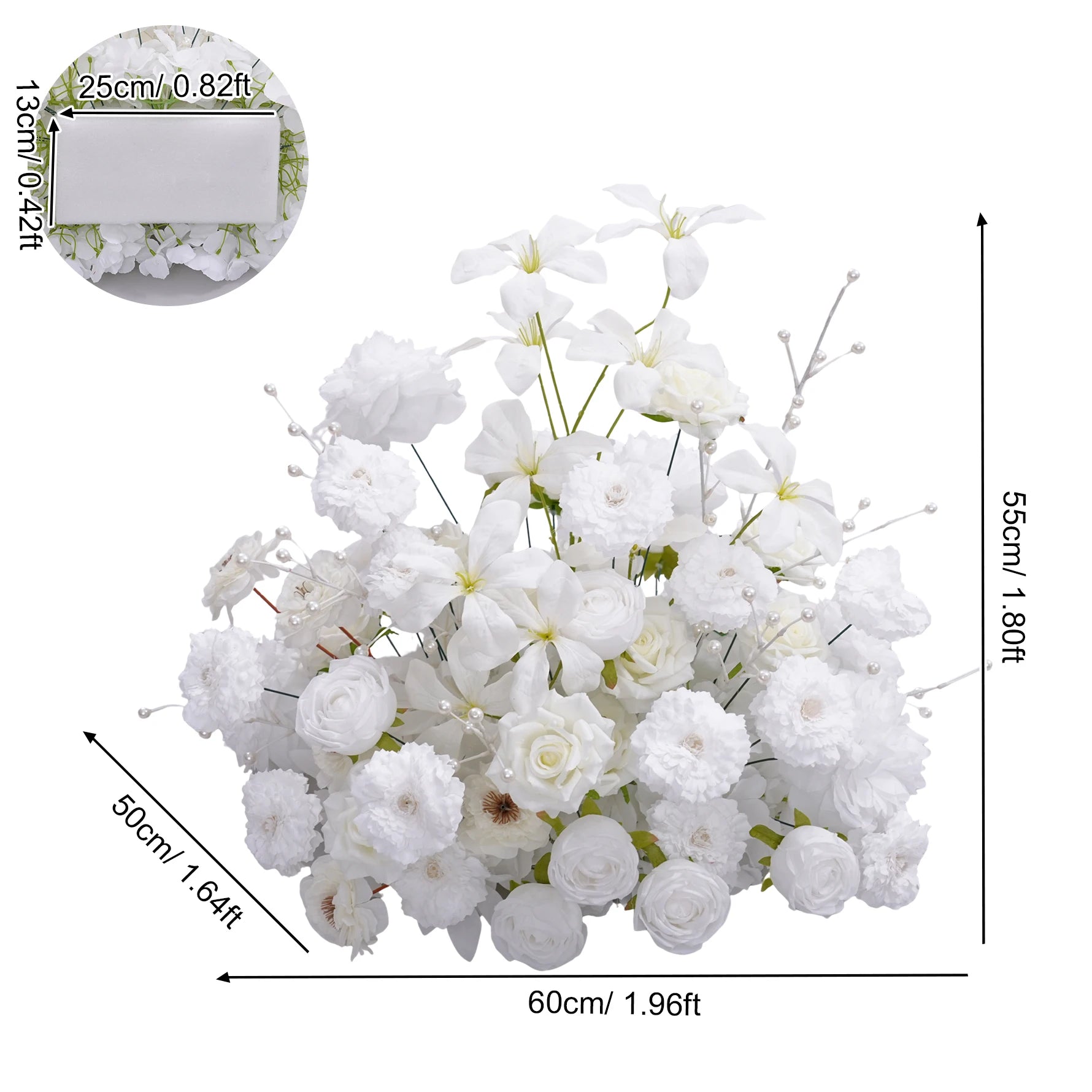 White floral arrangement with measurements on a white background