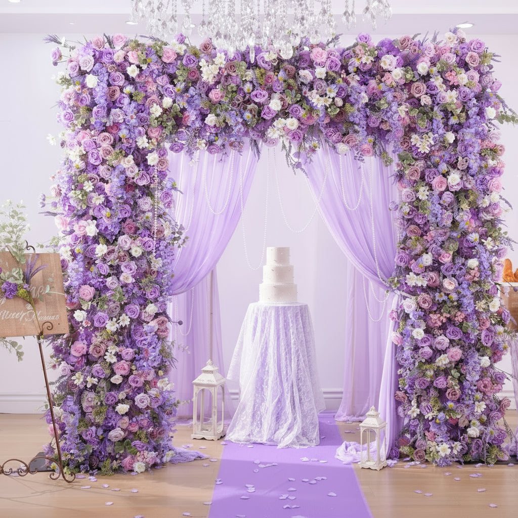 Decorative floral arch with purple and white flowers, draped with fabric, and a cake underneath, branded 'weddingstoryshop Flower'.