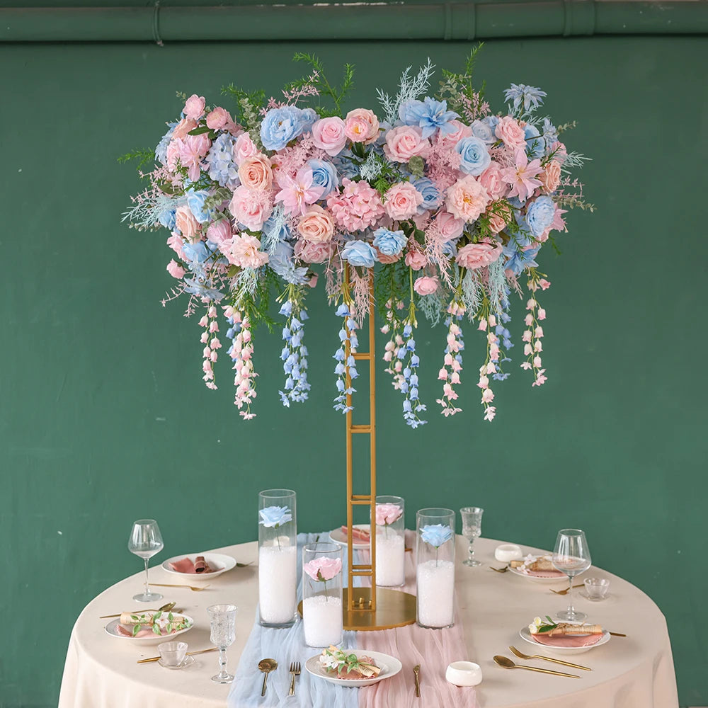 Pink Blue Artificial Rose Peony Hanging Flower Arrangement centerpiece with stand
