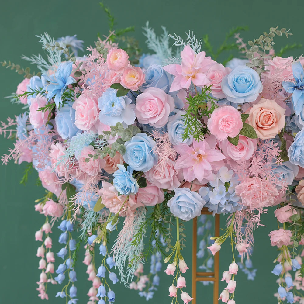 Pink Blue Artificial Rose Peony Hanging Flower Arrangement centerpiece with stand