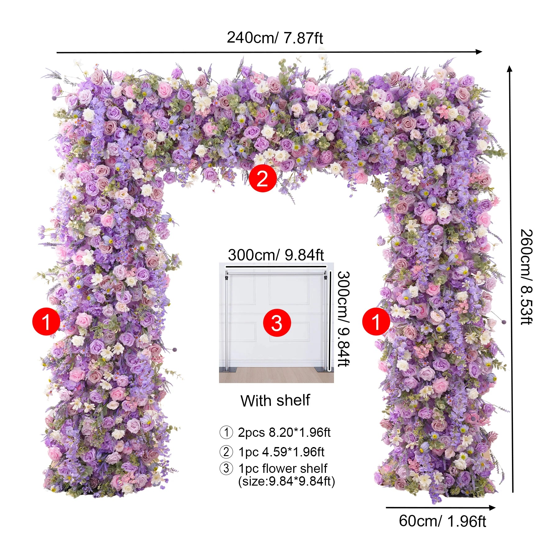 Floral arch with measurements on a white background