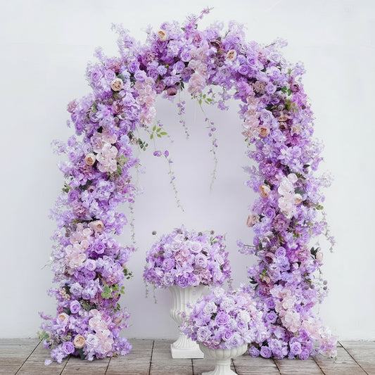 Floral arch and vase arrangement with 'Angela's Flower' branding on a white background