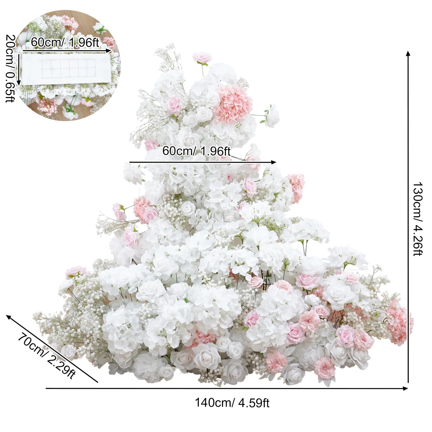 Floral arrangement with measurements on a white background