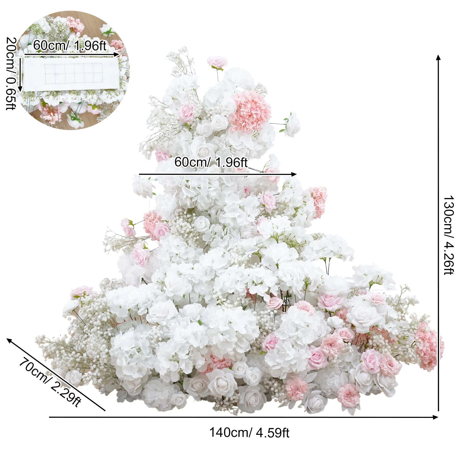 Floral arrangement with measurements on a white background