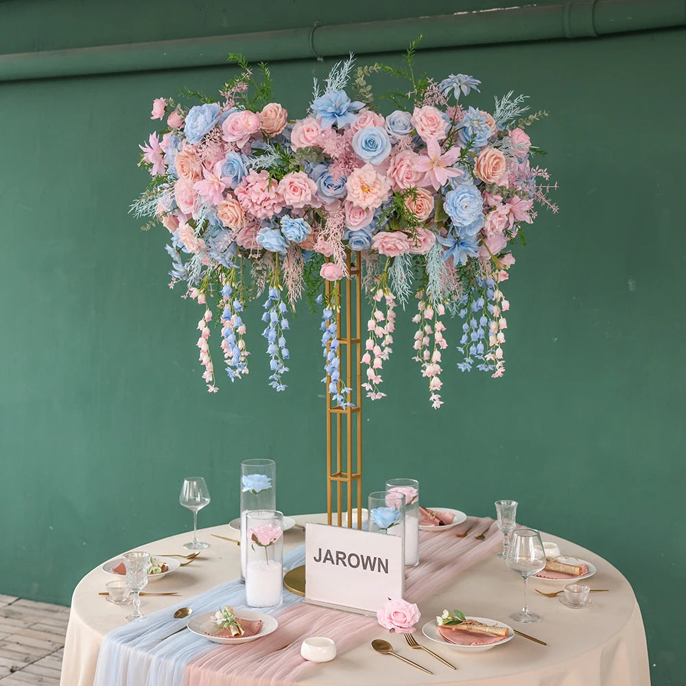 Pink Blue Artificial Rose Peony Hanging Flower Arrangement centerpiece with stand