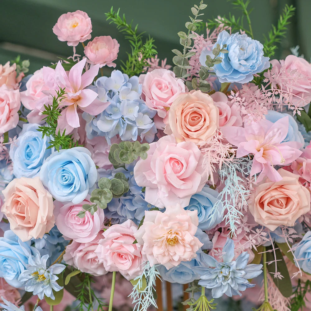 Pink Blue Artificial Rose Peony Hanging Flower Arrangement centerpiece with stand
