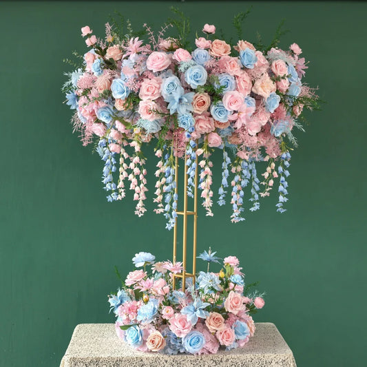 Pink Blue Artificial Rose Peony Hanging Flower Arrangement centerpiece with stand
