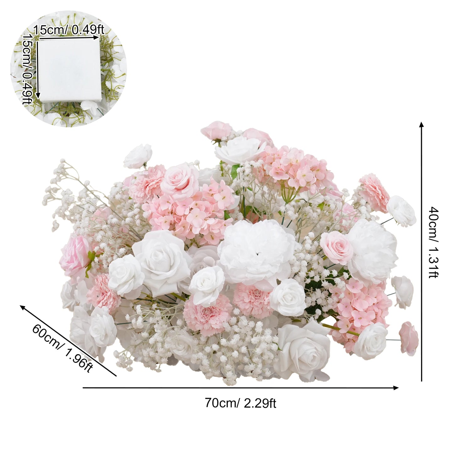 Bouquet of pink and white flowers with measurements on a white background