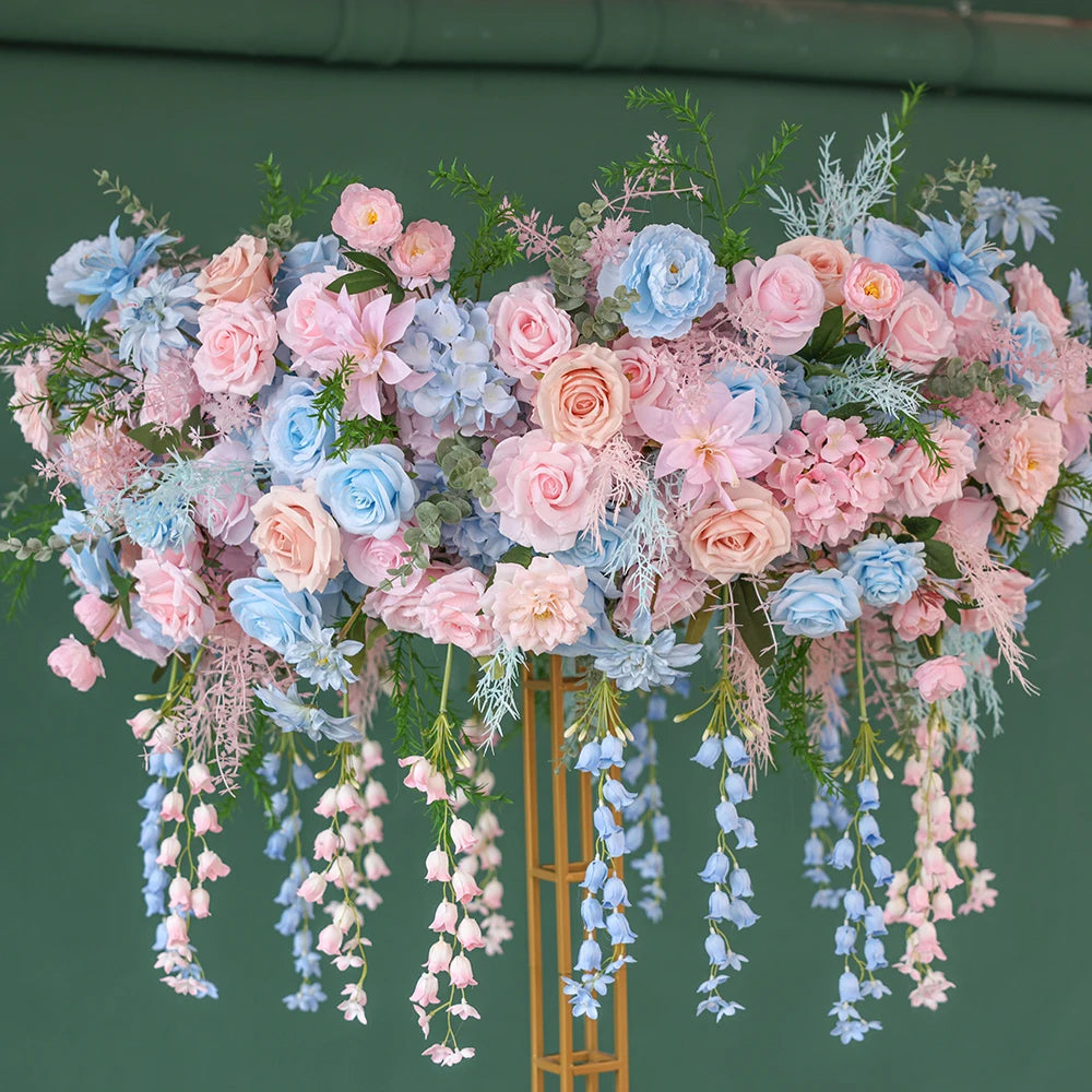 Pink Blue Artificial Rose Peony Hanging Flower Arrangement centerpiece with stand