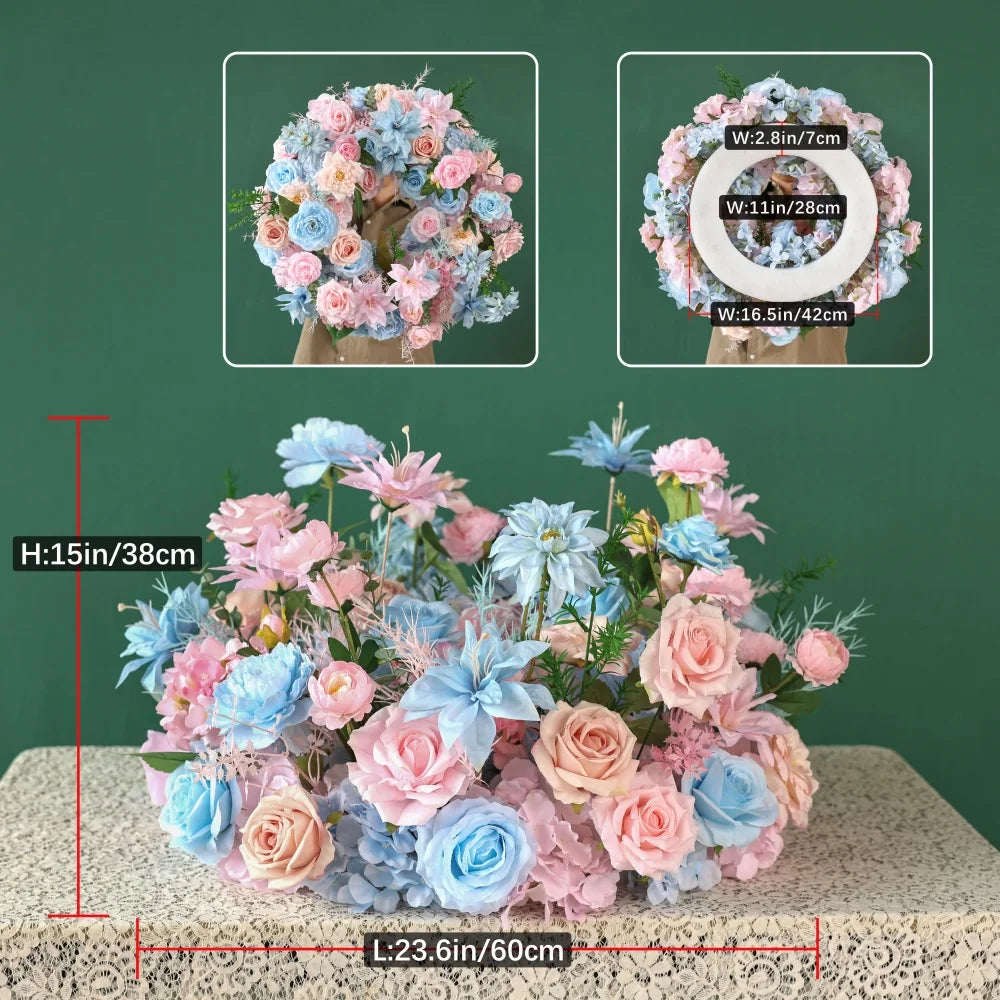 Pink Blue Artificial Rose Peony Hanging Flower Arrangement centerpiece with stand