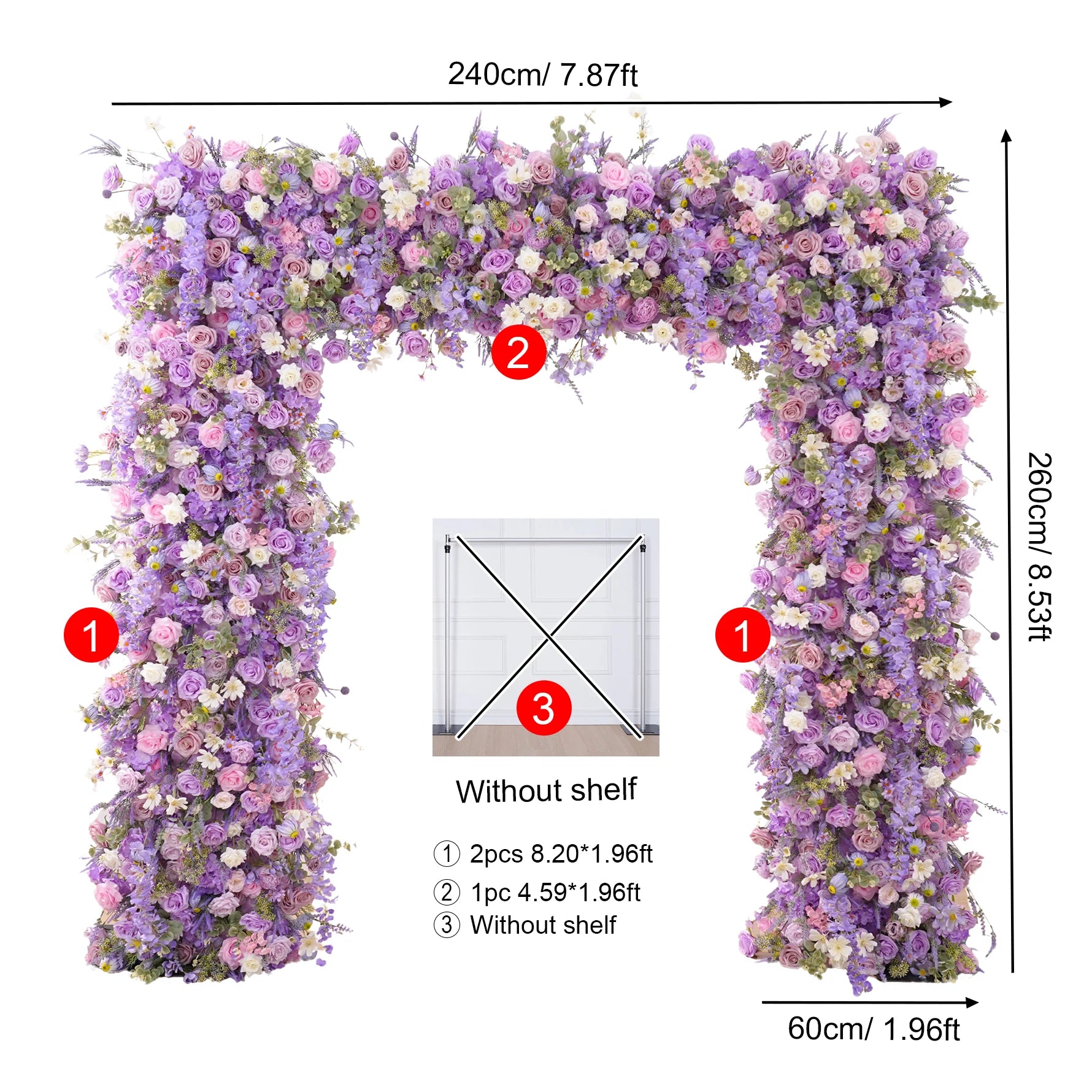 Floral arch with dimensions and shelf information on a white background