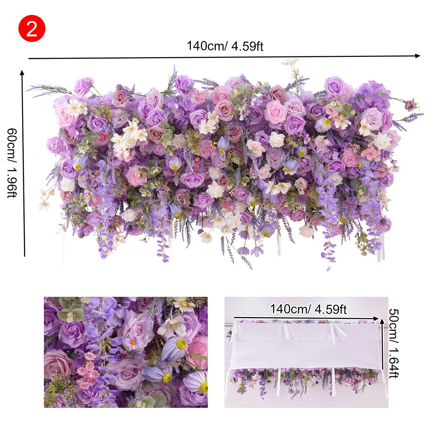 Floral arch with dimensions displayed on a white background