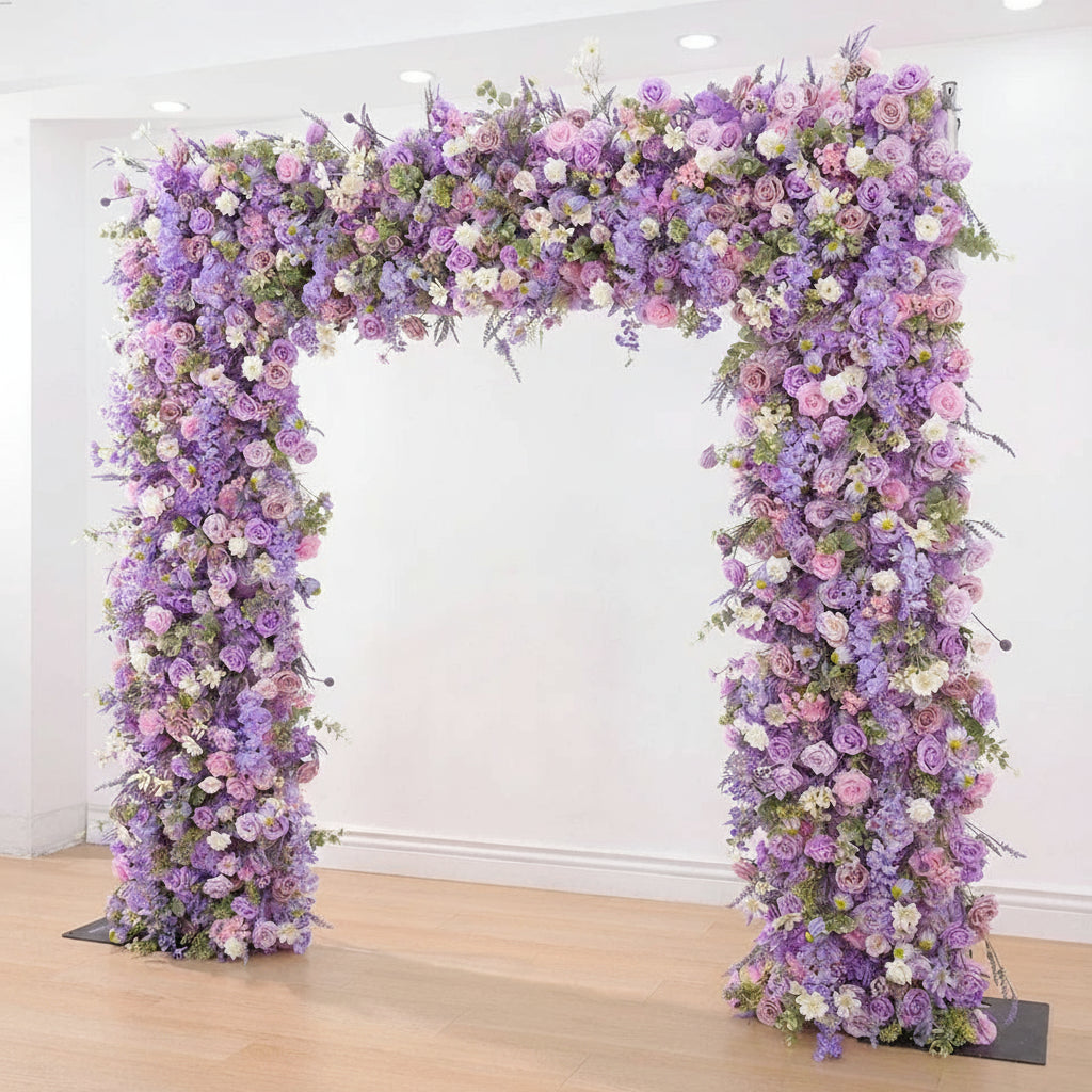 Floral arch with purple and pink flowers on a white background, featuring the brand 'Angelic Flower'.