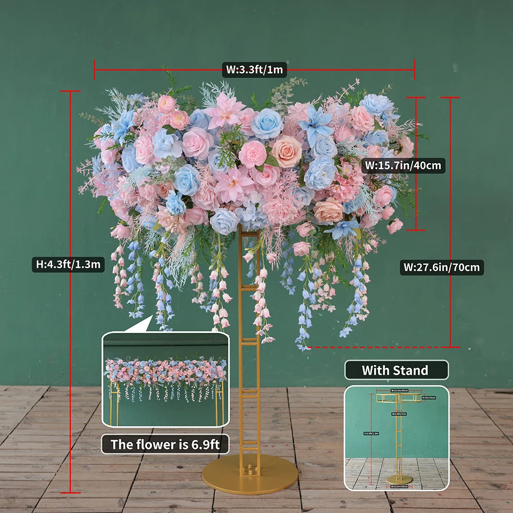Pink Blue Artificial Rose Peony Hanging Flower Arrangement centerpiece with stand