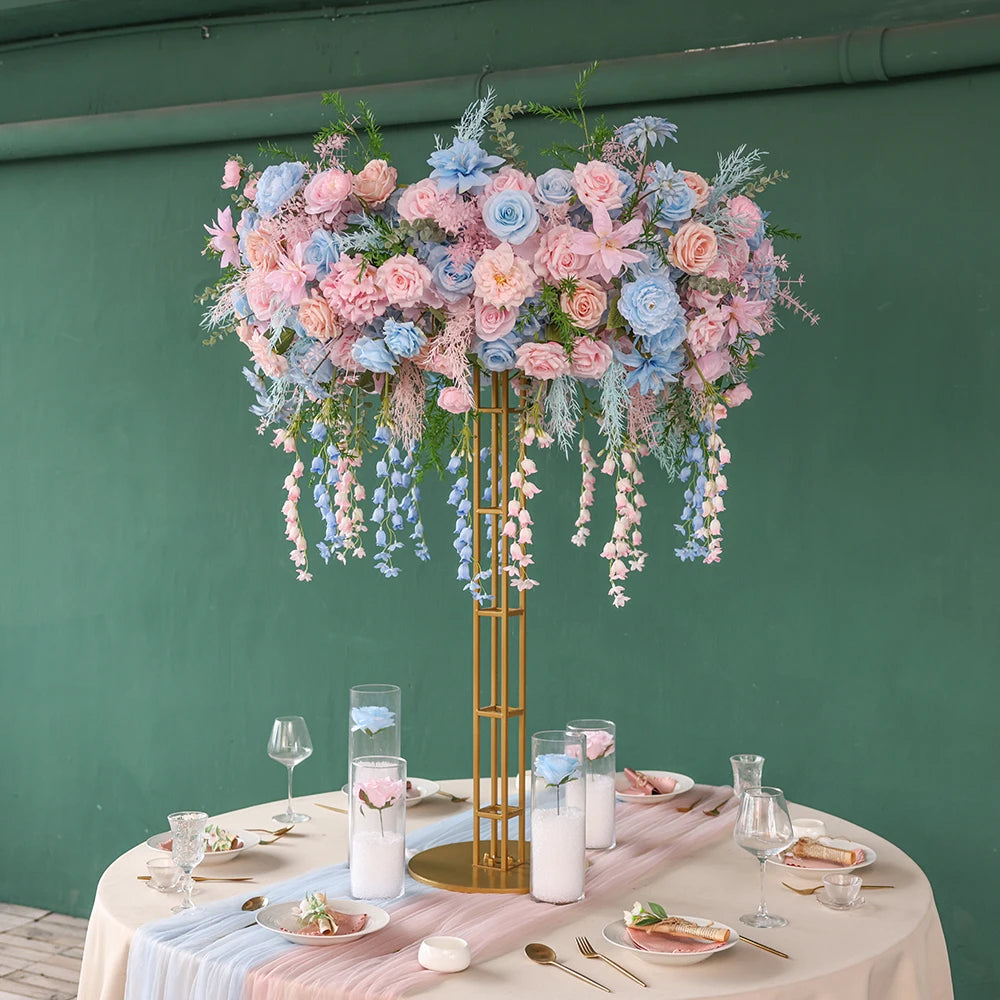 Pink Blue Artificial Rose Peony Hanging Flower Arrangement centerpiece with stand