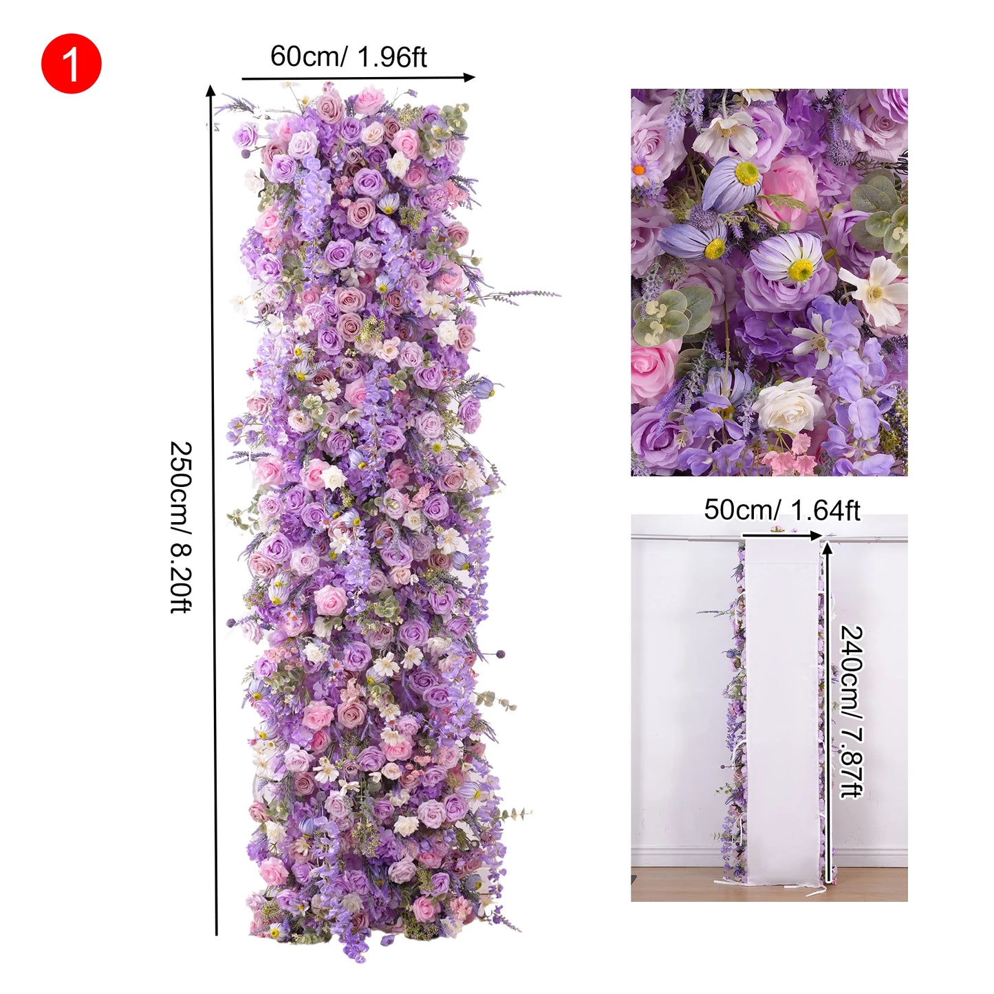 Purple floral arch with measurements on a white background