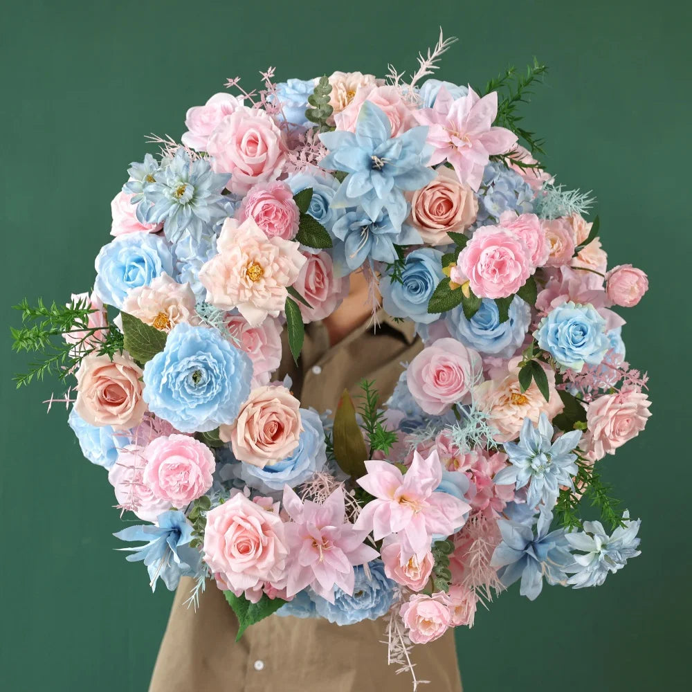 Pink Blue Artificial Rose Peony Hanging Flower Arrangement centerpiece with stand