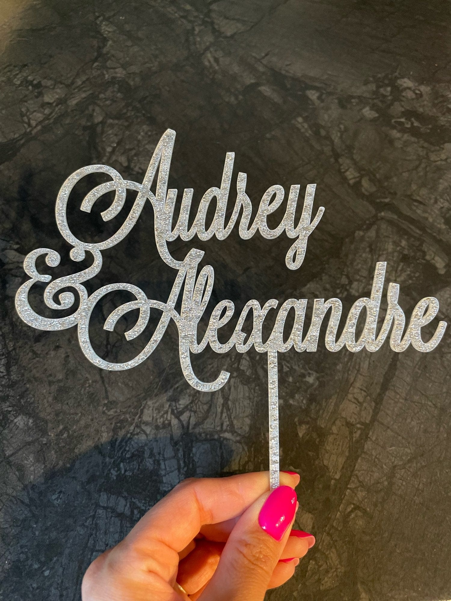 WeddingStory Shop Glitter Silver / 14cm Personalized Wedding Cake Topper with NAMES