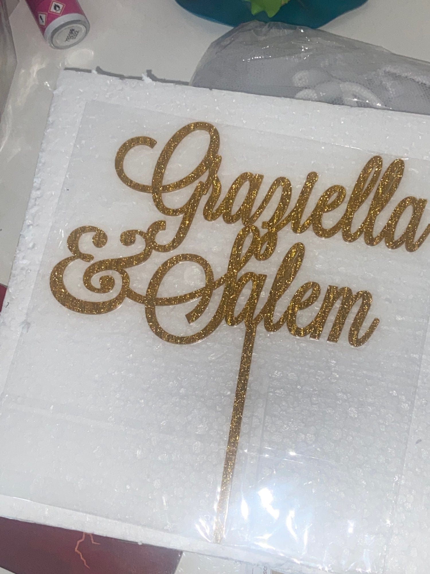 WeddingStory Shop Glitter Gold / 18cm Personalized Wedding Cake Topper with NAMES